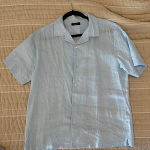 Theory Light Blue Short-Sleeve Linen Button-Down Shirt